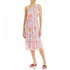 Aqua Abstract Print One Shoulder Ruffled Midi Dress Pink Multi